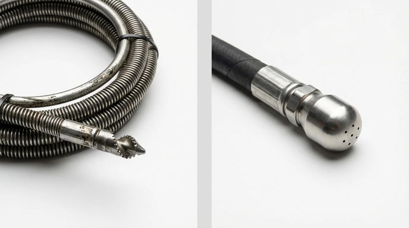 Drain snake cable and hydro jetting nozzle used for drain cleaning in Bradford, RI