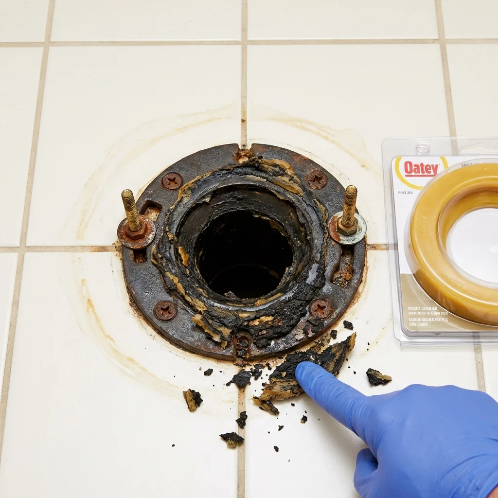 Failed wax ring showing water seepage at the base of a toilet in a Bradford, RI home
