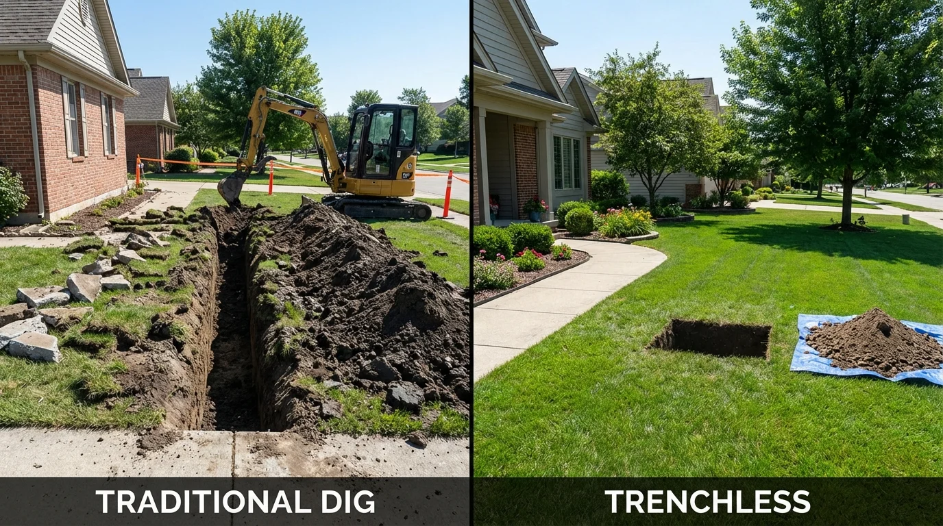 Trenchless sewer repair with minimal yard damage versus traditional excavation in Bradford, RI