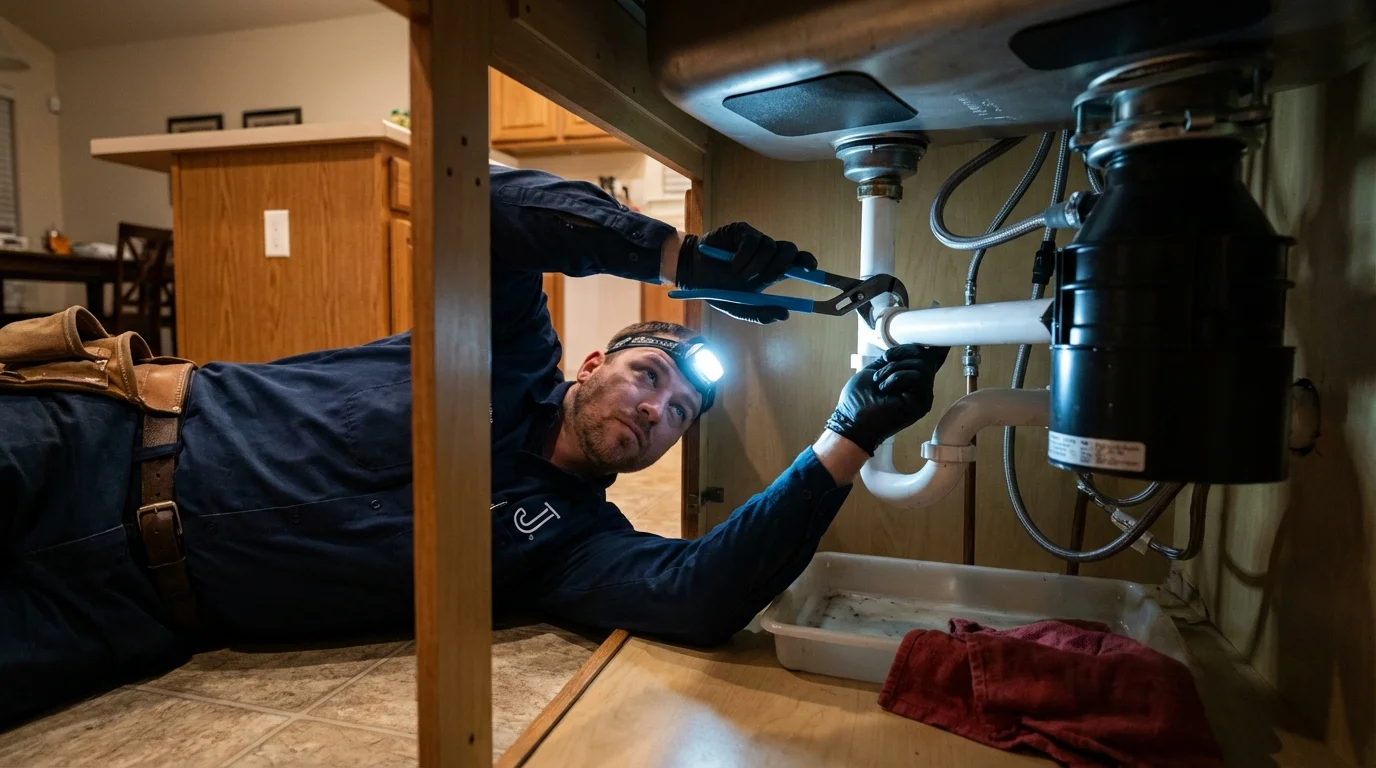 P-trap and supply line connections under a kitchen sink showing a common leak point in Bradford, RI